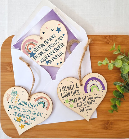 Set of 3 Hanging Decorations Wooden Hearts Leaving Card Gift Work Colleague | Farewell & Good Luck | Happiness & Joy New Chapter