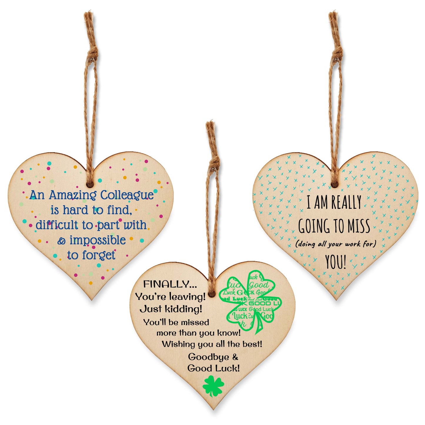 Set of 3 Hanging Decorations Wooden Hearts Leaving Card Gift Office | Amazing Colleague Impossible to Forget | Finally Leaving