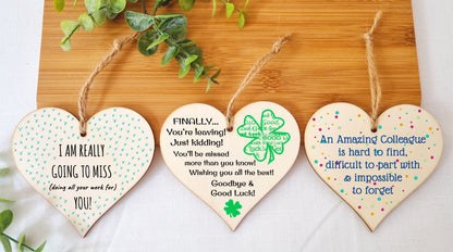 Set of 3 Hanging Decorations Wooden Hearts Leaving Card Gift Office | Amazing Colleague Impossible to Forget | Finally Leaving