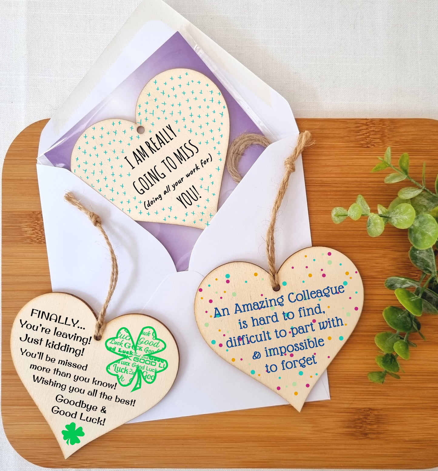 Set of 3 Hanging Decorations Wooden Hearts Leaving Card Gift Office | Amazing Colleague Impossible to Forget | Finally Leaving