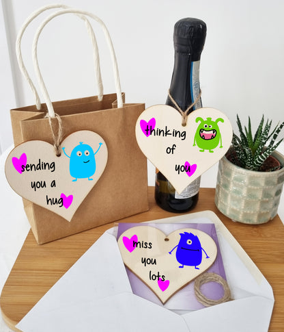 Set of 3 Hanging Decorations Wooden Hearts Send Love Friendship Card Gift | Thinking Of You | Miss You Lots | Sending a Hug