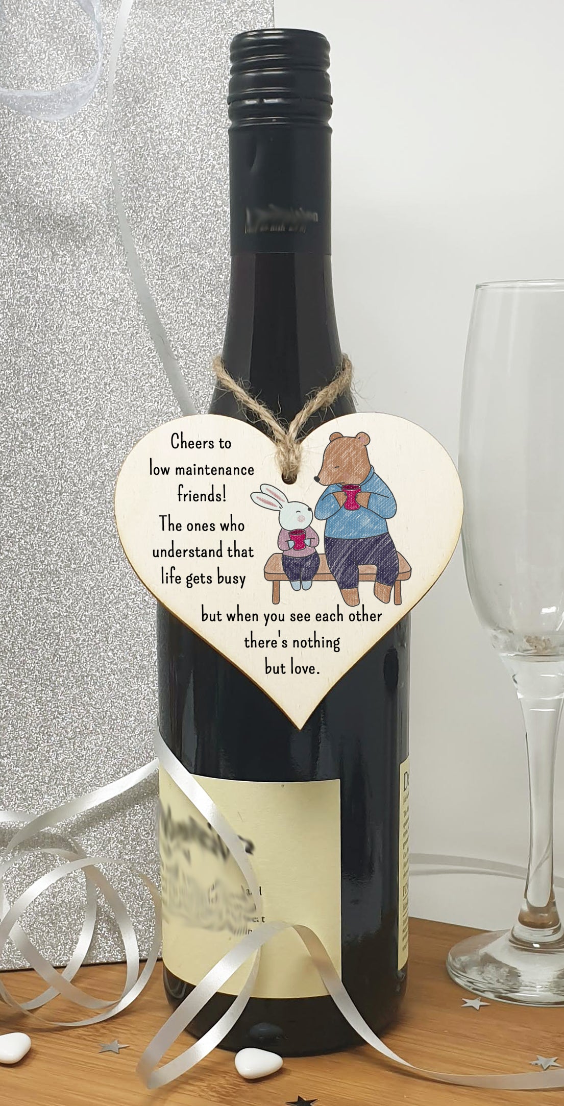 Handmade Wooden Hanging Heart Plaque Gift Cheers to low maintenance friends long distance friendship miss you present cute window wall hanger absent friend cute hand drawn design