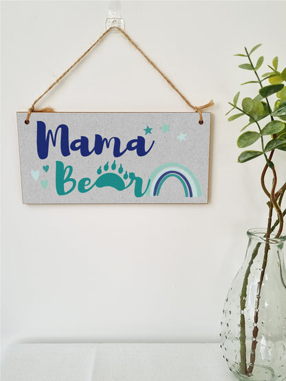 Handmade Wooden Hanging Wall Plaque Mama Bear Fun Boho Chic Gift Sign for Mum Mother's Day