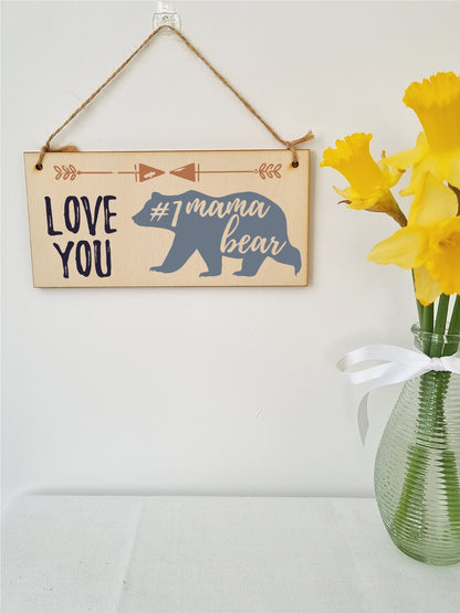 Handmade Wooden Hanging Wall Plaque Love You #1 Mama Bear Boho Style Gift Sign Mother's Day