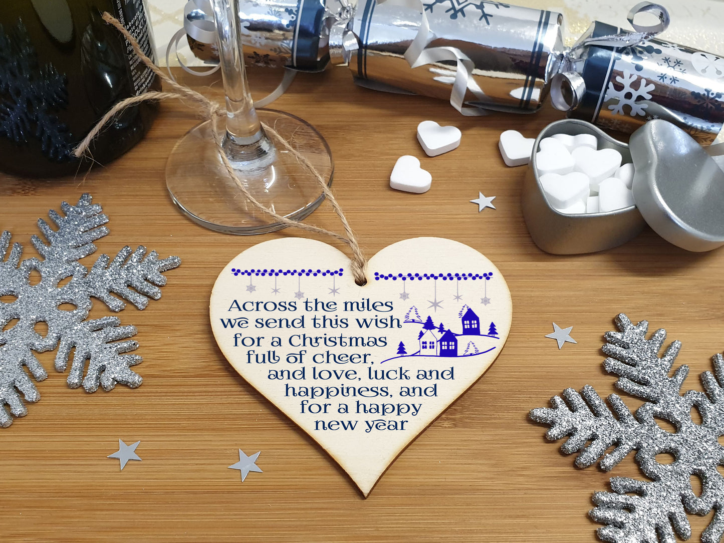 Handmade Christmas Hanging Wooden Heart Plaque Decoration Gift Across the miles sending festive cheer to wish faraway friends a merry xmas festive bauble