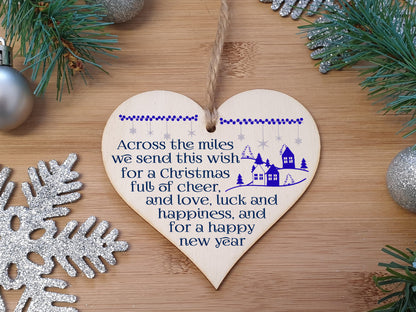 Handmade Christmas Hanging Wooden Heart Plaque Decoration Gift Across the miles sending festive cheer to wish faraway friends a merry xmas festive bauble