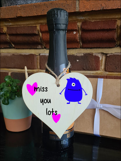 Handmade Wooden Hanging Heart Plaque Gift miss you lots funny novelty wall hanger cute monster kids design for long distance family friends grandparents