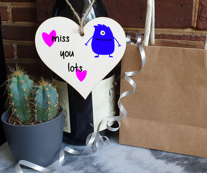 Handmade Wooden Hanging Heart Plaque Gift miss you lots funny novelty wall hanger cute monster kids design for long distance family friends grandparents