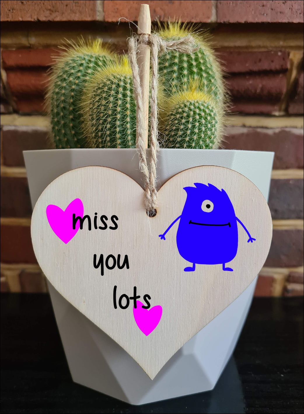 Handmade Wooden Hanging Heart Plaque Gift miss you lots funny novelty wall hanger cute monster kids design for long distance family friends grandparents