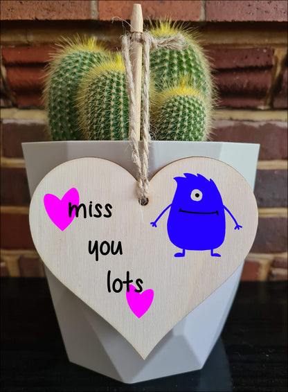 Handmade Wooden Hanging Heart Plaque Gift miss you lots funny novelty wall hanger cute monster kids design for long distance family friends grandparents