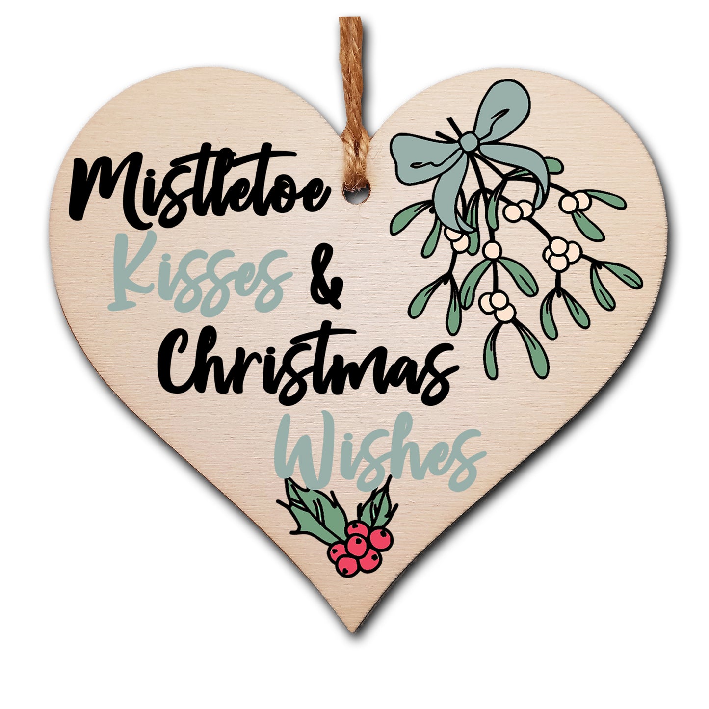 Handmade Christmas Hanging Wooden Heart Plaque Decoration Gift or Tag Mistletoe Kisses perfect for your Boyfriend or Girlfriend Romantic festive bauble