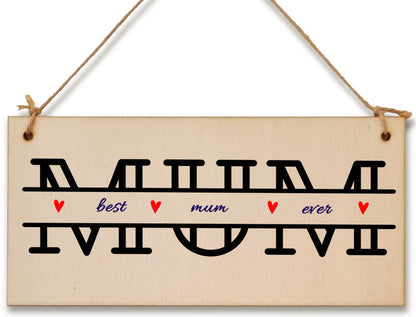 Handmade Wooden Hanging Wall Plaque Best Mum Ever Monogram Style Gift Sign Mother's Day