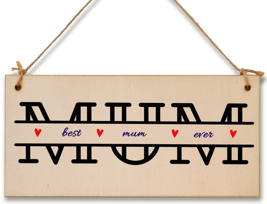 Handmade Wooden Hanging Wall Plaque Best Mum Ever Monogram Style Gift Sign Mother's Day