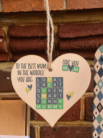 Handmade Wooden Hanging Heart Plaque Gift The Best Mum in the World Wordle Funny Mummy Play on Words