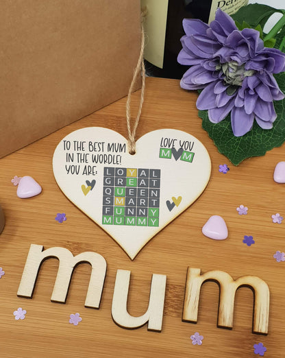 Handmade Wooden Hanging Heart Plaque Gift The Best Mum in the World Wordle Funny Mummy Play on Words