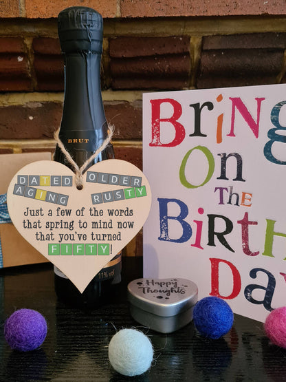 Handmade Wooden Hanging Heart Plaque Gift Happy Birthday Fifty Funny Wordle Just a few words that spring to mind