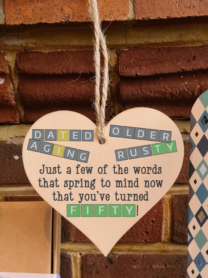 Handmade Wooden Hanging Heart Plaque Gift Happy Birthday Fifty Funny Wordle Just a few words that spring to mind