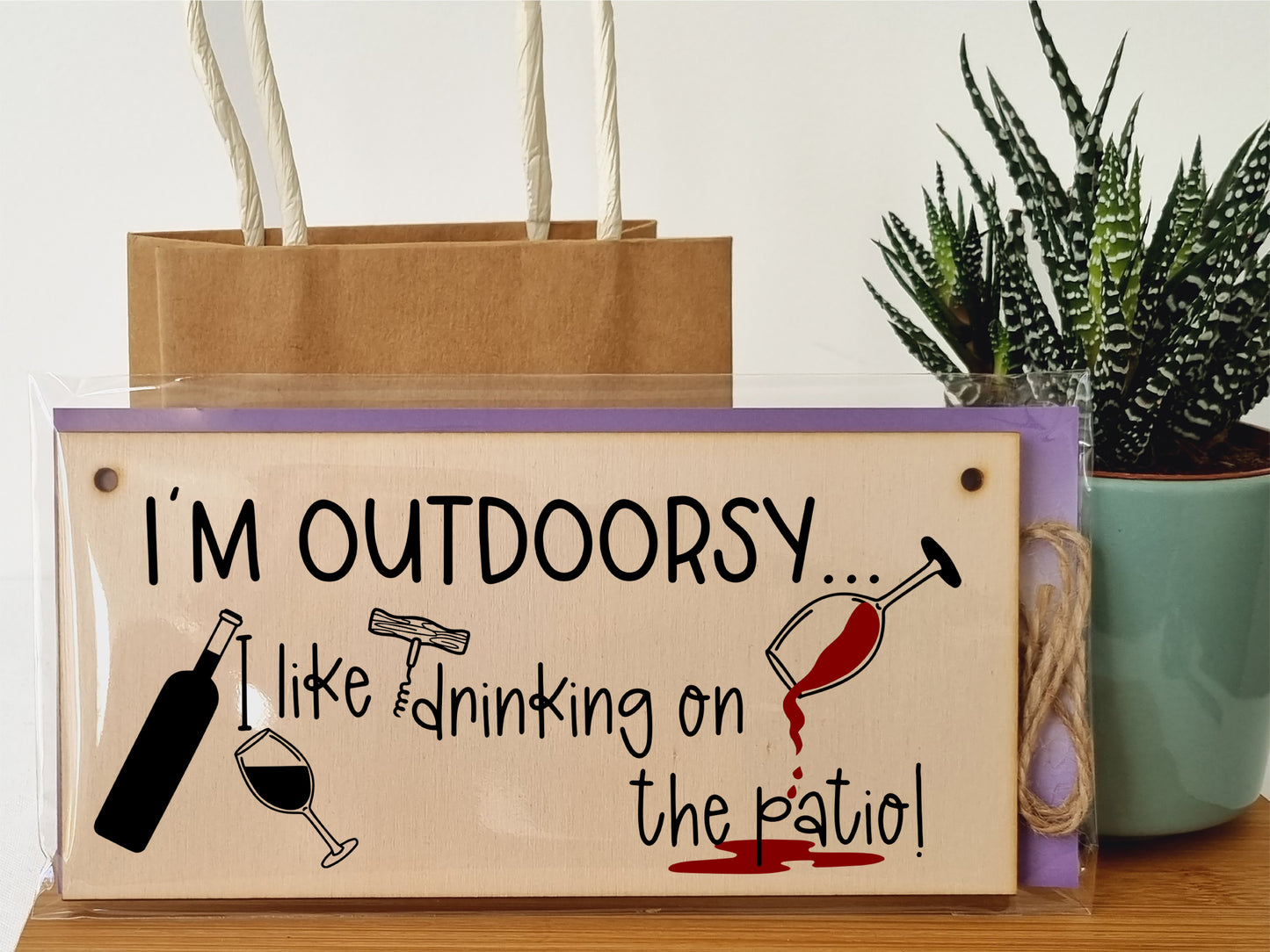 Handmade Wooden Hanging Wall Plaque I'm Outdoorsy I Drink on the Patio Funny Novelty Alcohol Sign Home Bar