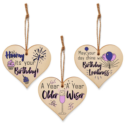 Set of 3 Hanging Decorations Wooden Hearts Happy Birthday Card Alternative | Day Shine with Loveliness | A Year Older & Wiser