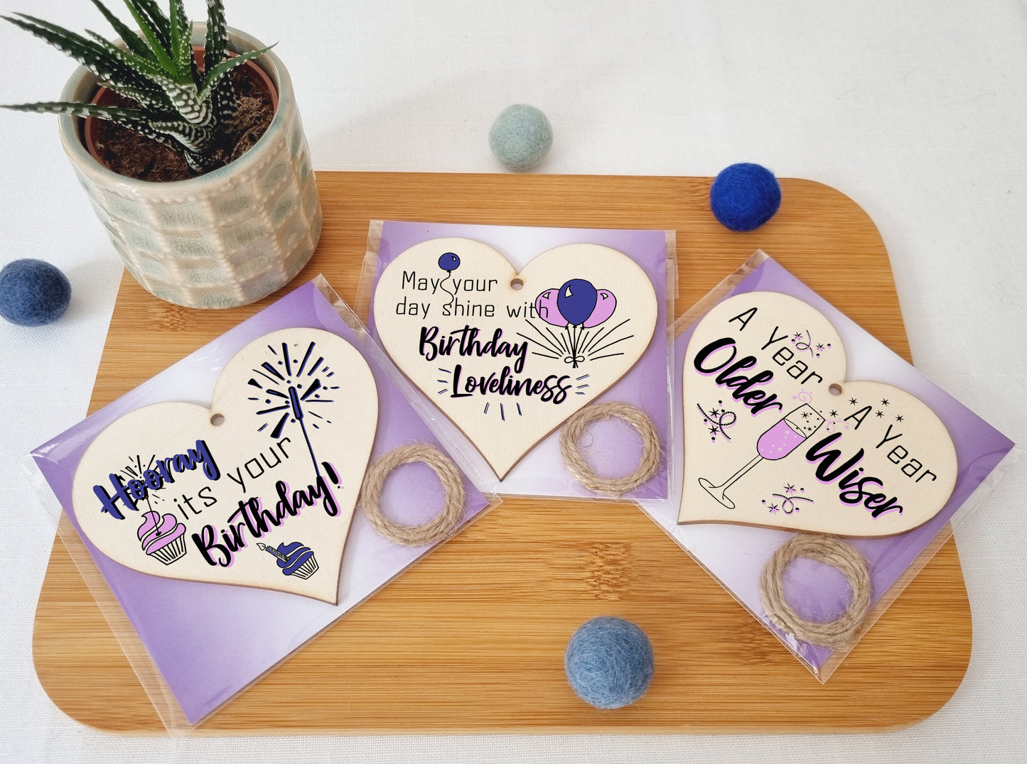 Set of 3 Hanging Decorations Wooden Hearts Happy Birthday Card Alternative | Day Shine with Loveliness | A Year Older & Wiser