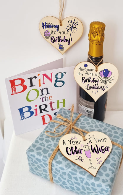 Set of 3 Hanging Decorations Wooden Hearts Happy Birthday Card Alternative | Day Shine with Loveliness | A Year Older & Wiser