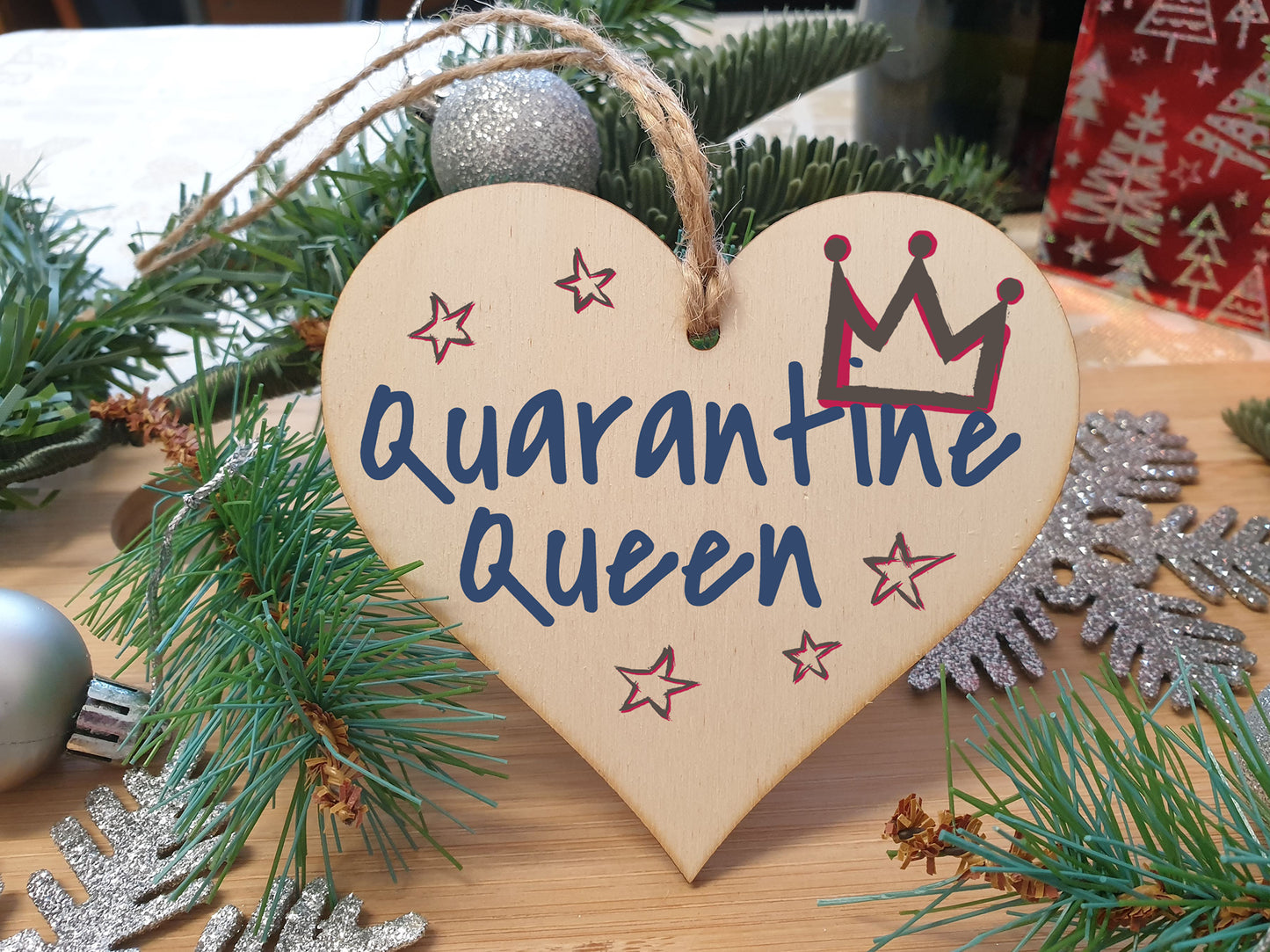 Handmade Wooden Hanging Heart Plaque Christmas Tree Bauble Quarantine Queen Novelty Celebration Year of Lockdown Wall Hanger