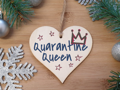 Handmade Wooden Hanging Heart Plaque Christmas Tree Bauble Quarantine Queen Novelty Celebration Year of Lockdown Wall Hanger