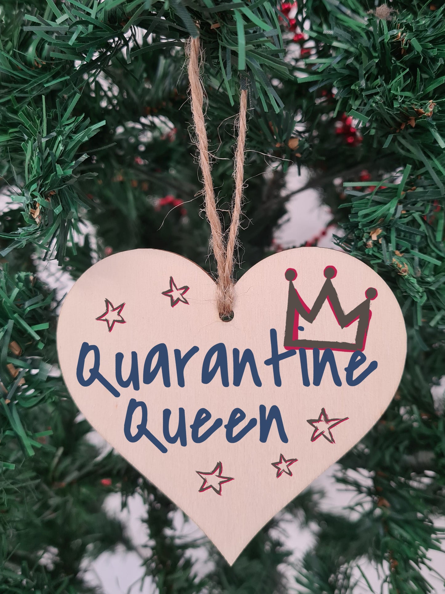 Handmade Wooden Hanging Heart Plaque Christmas Tree Bauble Quarantine Queen Novelty Celebration Year of Lockdown Wall Hanger