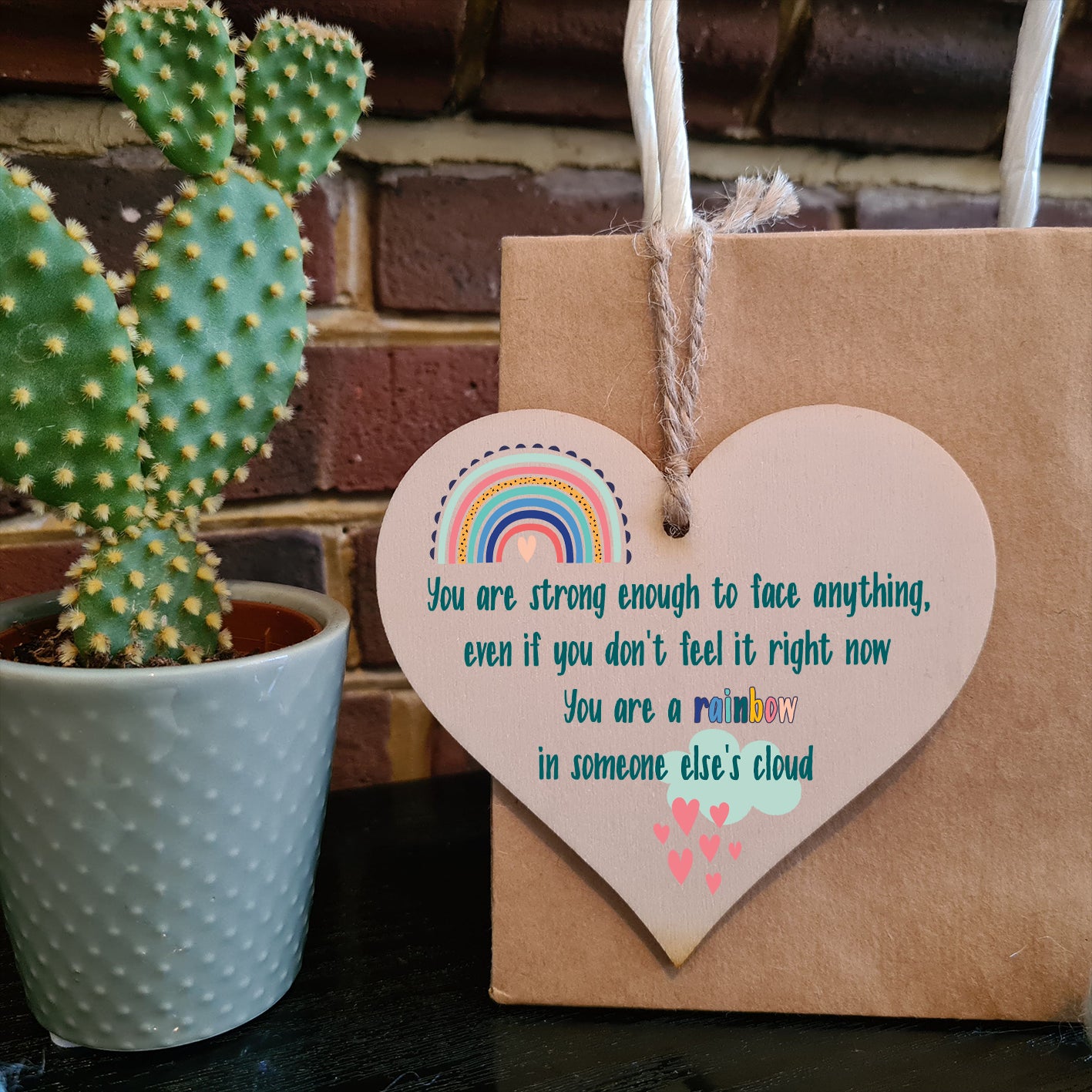 Handmade Wooden Hanging Heart Plaque Gift Strong Enough Rainbow in Someones Cloud Inspirational Wall Hanger Card Alternative Friendship