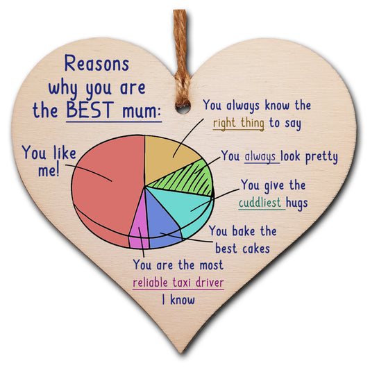 Handmade Wooden Hanging Heart Plaque Mother's Day Gift perfect for Mum fun inspirational keepsake Reason why you are the best mum look pretty best hugs card alternative from kids wall hanger