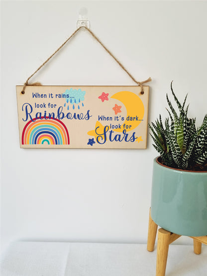 Handmade Wooden Hanging Wall Plaque When it rains look for rainbows dark look for stars Decorative Sign Friendship