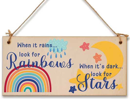 Handmade Wooden Hanging Wall Plaque When it rains look for rainbows dark look for stars Decorative Sign Friendship