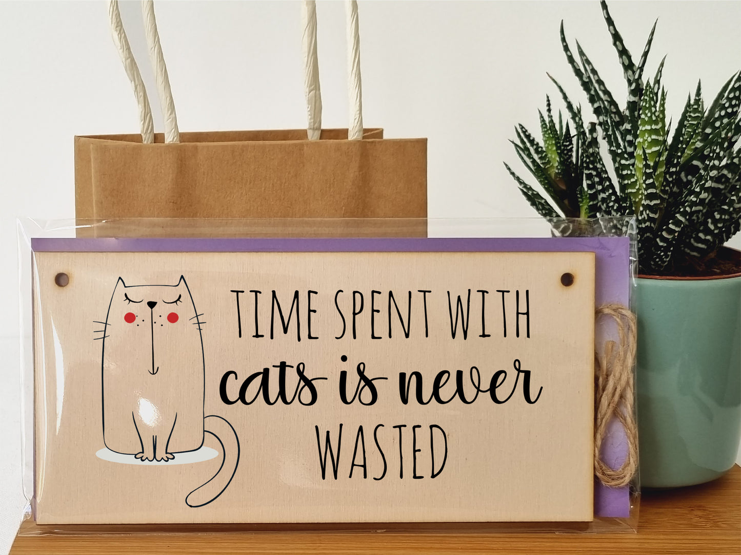 Handmade Wooden Hanging Wall Plaque Time With Cats Never Wasted Pet Lover Cat Mum Dad Cute Gift Sign