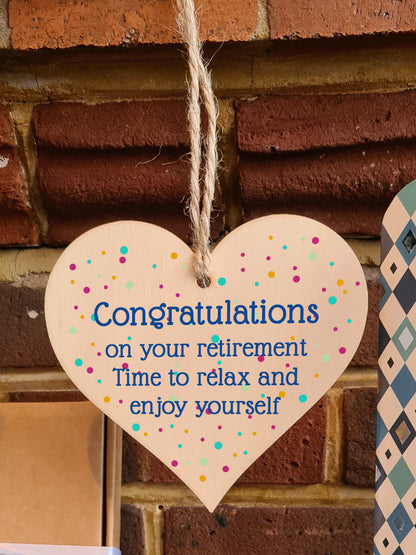 Handmade Wooden Hanging Heart Plaque Gift Congratulations on Retirement Relax Leaving Present Card Alternative