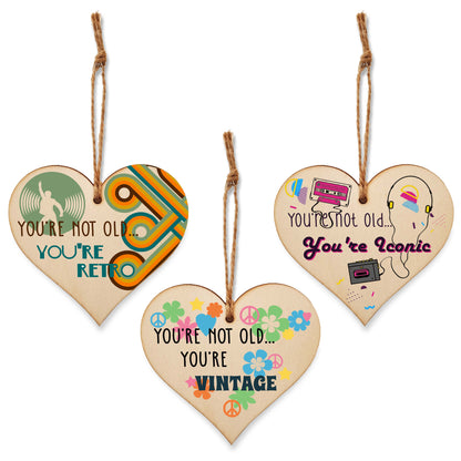 Set of 3 Hanging Decorations Wooden Hearts Happy Birthday Card Alternative | You're Not Old Iconic | Retro | Vintage 60s 70s 80s