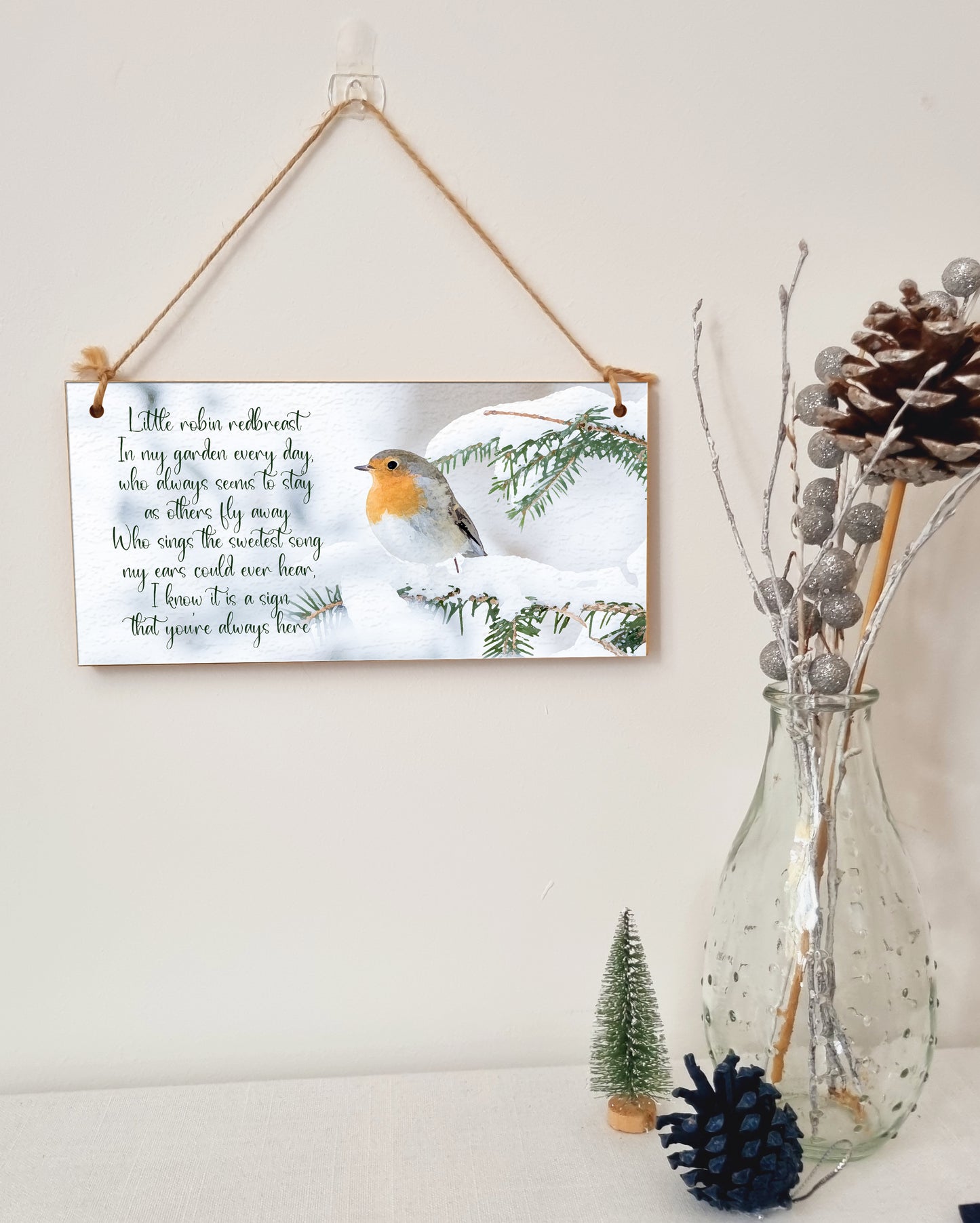 Robin Redbreast Always Here Remember Loved Ones Sympathy Remembrance Decorative Sign Handmade Wooden Hanging Wall Plaque Gift