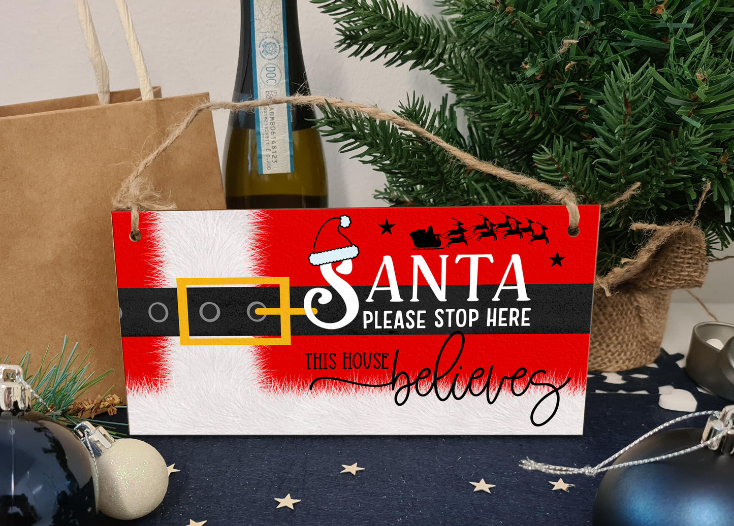 Santa Stop Here This House Believes Fun Christmas Kids Novelty Sign Handmade Wooden Hanging Wall Plaque Gift