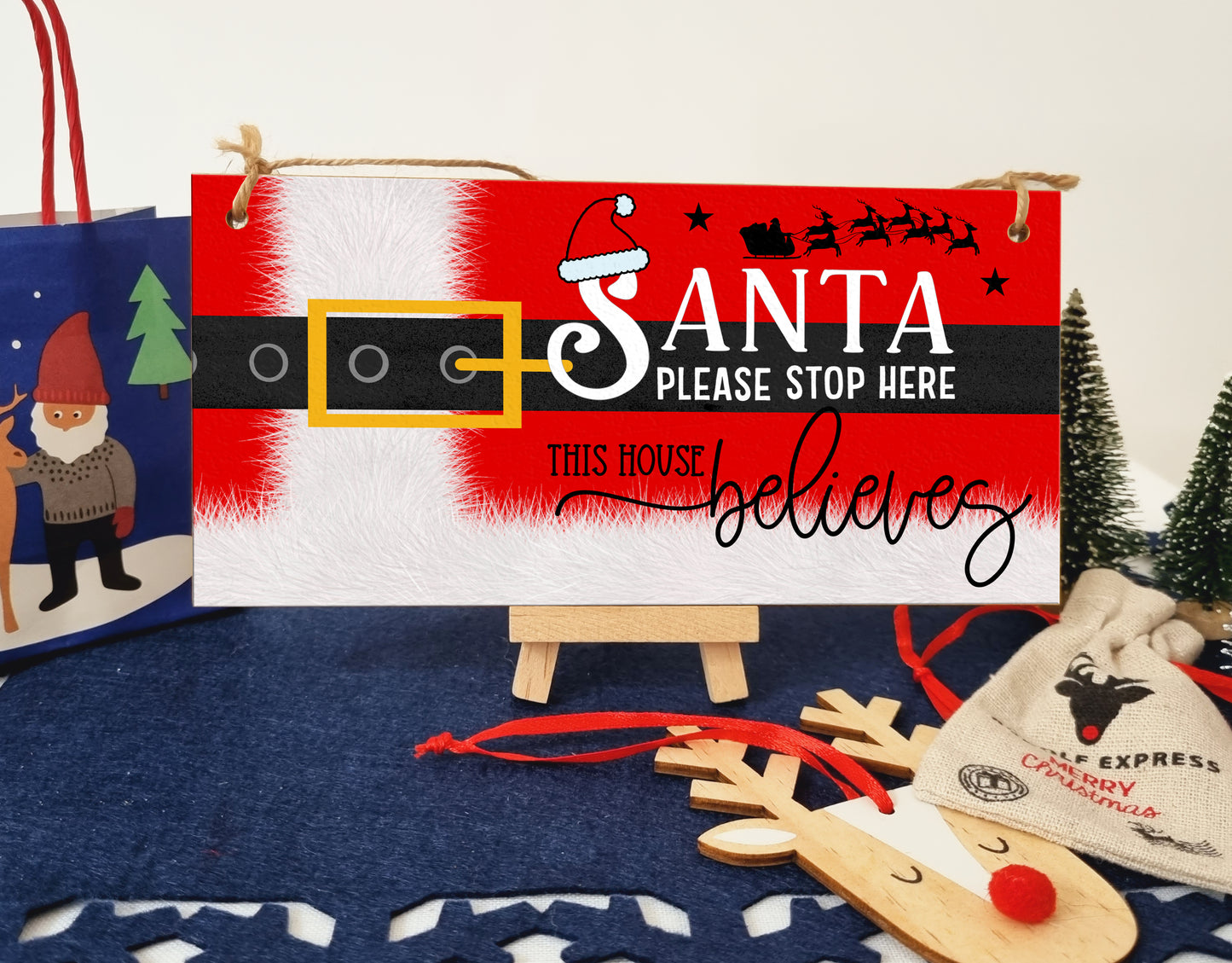 Santa Stop Here This House Believes Fun Christmas Kids Novelty Sign Handmade Wooden Hanging Wall Plaque Gift