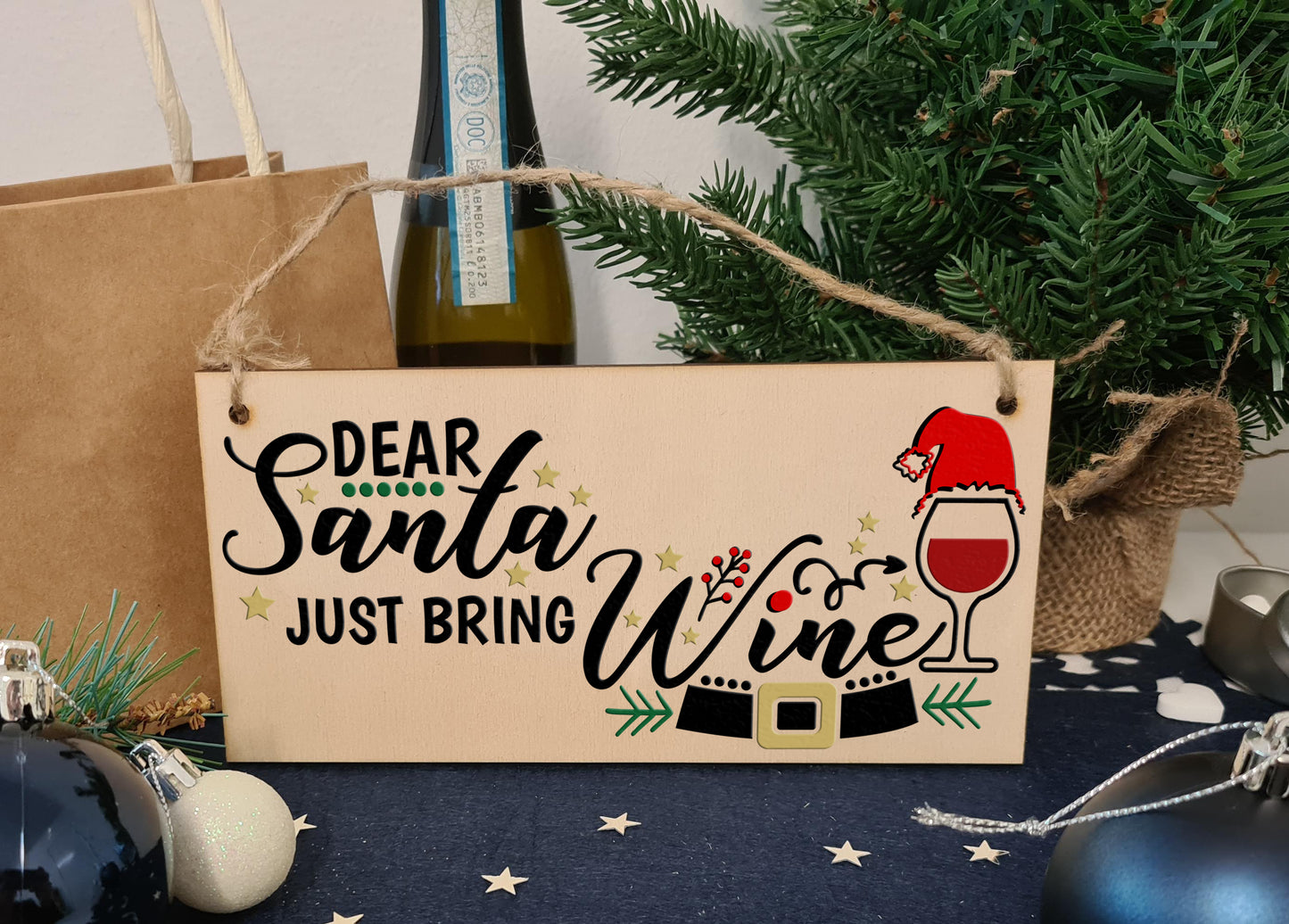 Dear Santa, Just bring wine Funny Novelty Boozy Christmas Sign Handmade Wooden Hanging Wall Plaque Gift for Kitchen