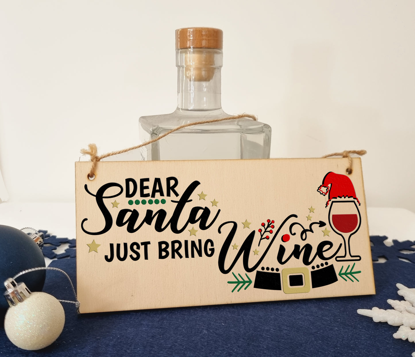 Dear Santa, Just bring wine Funny Novelty Boozy Christmas Sign Handmade Wooden Hanging Wall Plaque Gift for Kitchen