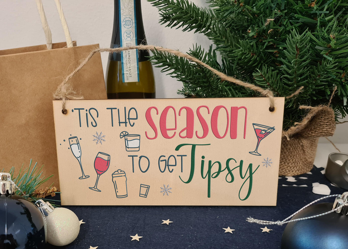 Tis the Season Get Tipsy Funny Novelty Boozy Christmas Sign Handmade Wooden Hanging Wall Plaque Gift for Kitchen