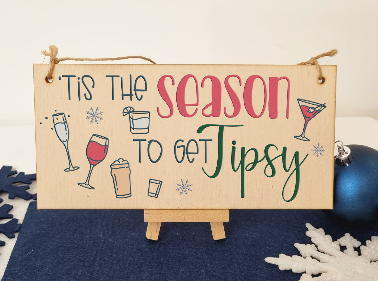 Tis the Season Get Tipsy Funny Novelty Boozy Christmas Sign Handmade Wooden Hanging Wall Plaque Gift for Kitchen