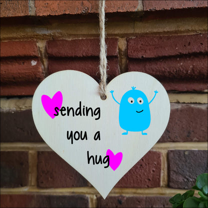 Handmade Wooden Hanging Heart Plaque Gift sending you a hug funny novelty wall hanger cute monster kids design for long distance family friends grandparents