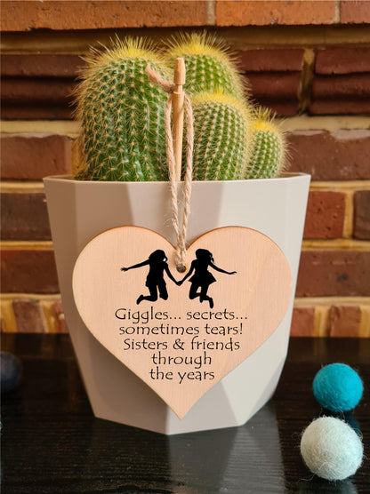 Handmade Wooden Hanging Heart Plaque Gift Perfect for Sisters Lovely Friendship Keepsake