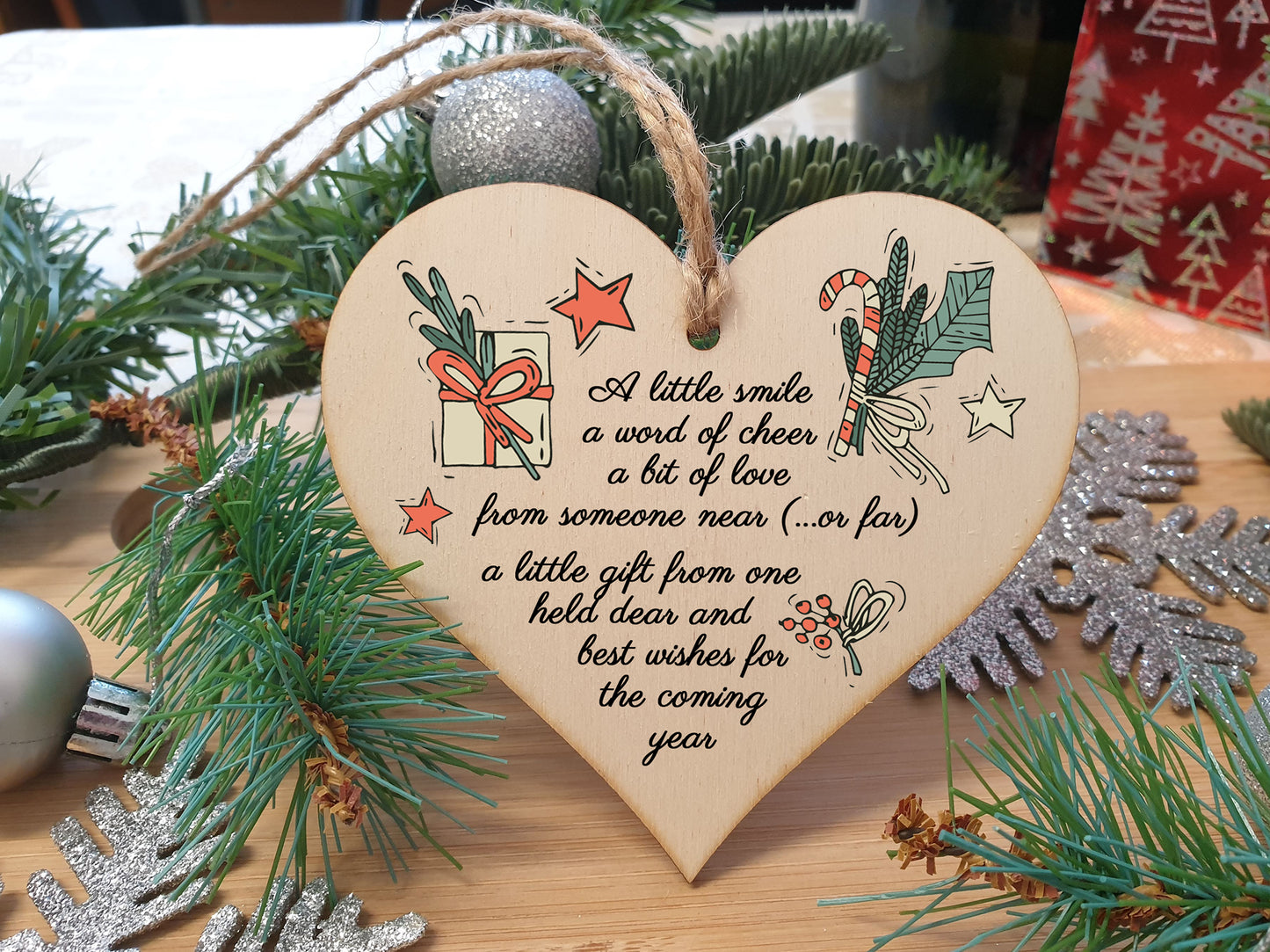 Handmade Wooden Hanging Heart Plaque Christmas Tree Bauble Sweet Poem Festive Wishes Card Alternative Long Distance Family Friends