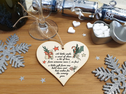 Handmade Wooden Hanging Heart Plaque Christmas Tree Bauble Sweet Poem Festive Wishes Card Alternative Long Distance Family Friends