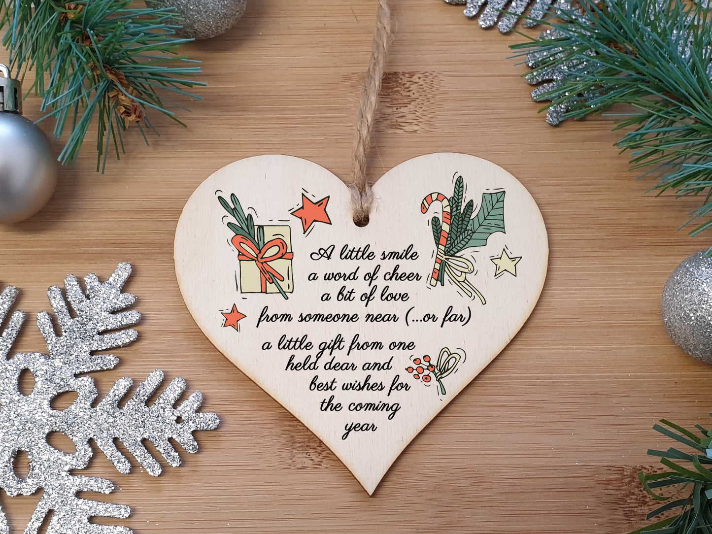 Handmade Wooden Hanging Heart Plaque Christmas Tree Bauble Sweet Poem Festive Wishes Card Alternative Long Distance Family Friends