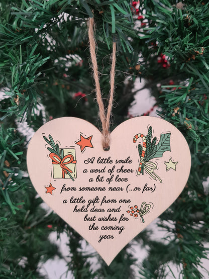 Handmade Wooden Hanging Heart Plaque Christmas Tree Bauble Sweet Poem Festive Wishes Card Alternative Long Distance Family Friends