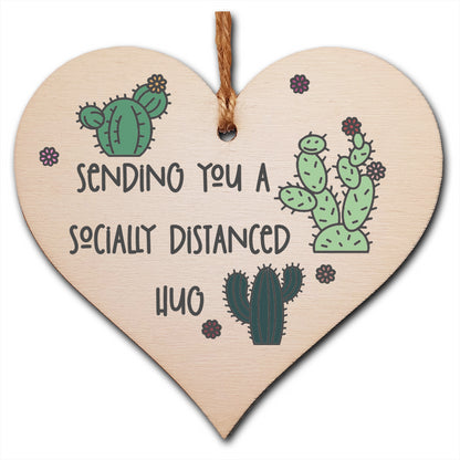 Handmade Wooden Hanging Heart Plaque Gift sending you a socially distanced hug miss you long distance novelty wall hanger cute fun cactus design for family friends grandparents