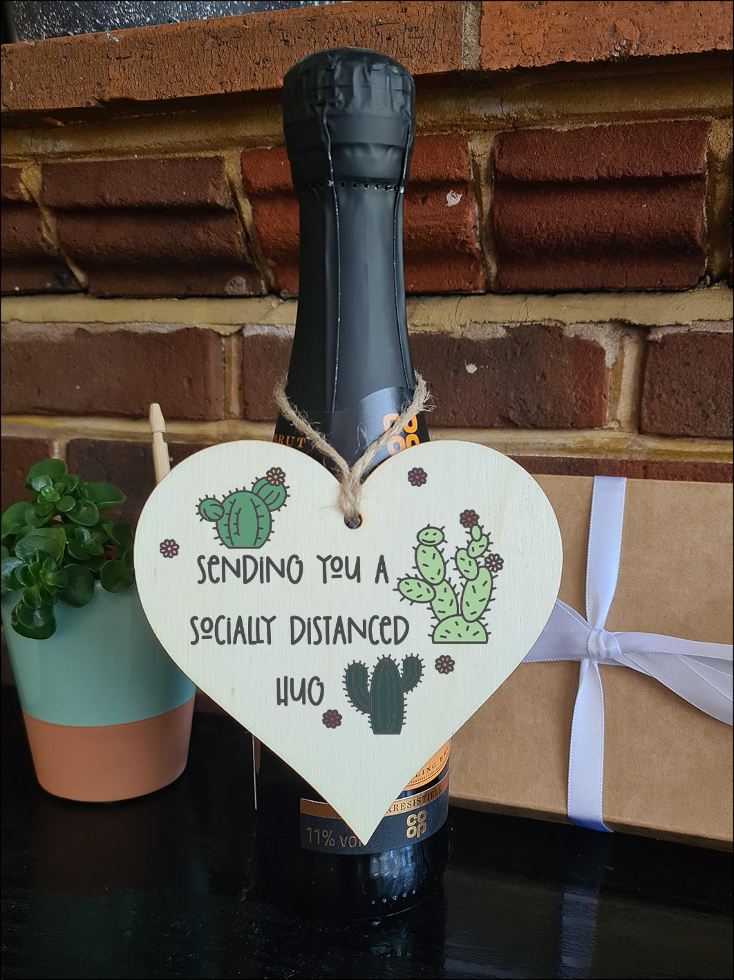 Handmade Wooden Hanging Heart Plaque Gift sending you a socially distanced hug miss you long distance novelty wall hanger cute fun cactus design for family friends grandparents